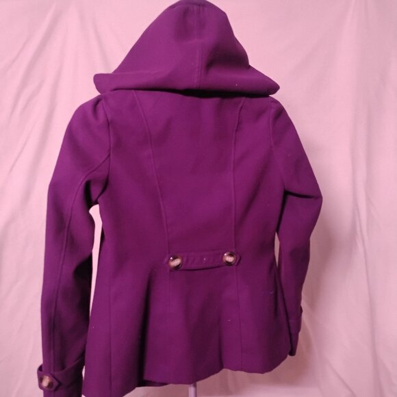Hydraulic Purple Wool Blend Hooded Peacoat | Double-Breasted Button Front - Picture 7 of 8